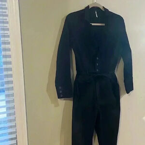 [4] Free people  Black Denim LS Overall Jumpsuit
